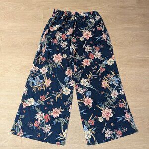 navy blue floral print wide-leg palazzo pants elastic waist